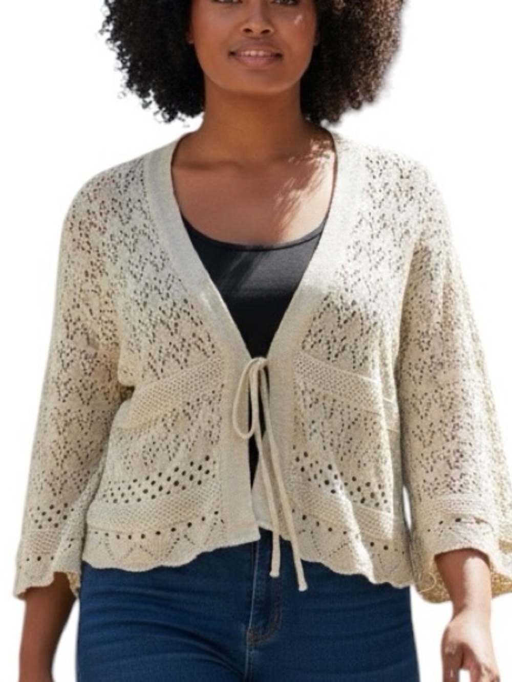 Sweet Kizz Tie-Front Crochet Knit Cardigan Sweater Light Cream size XL